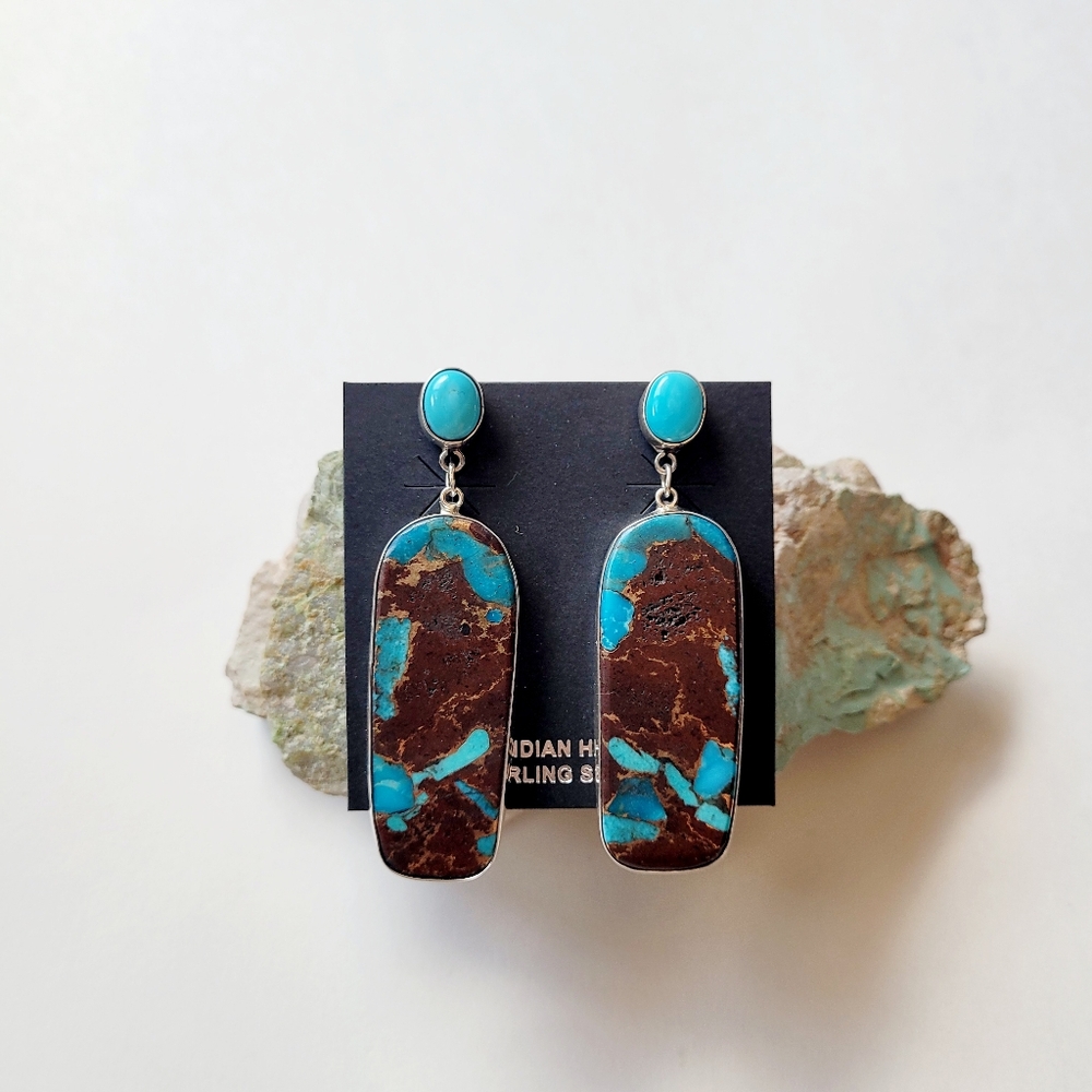 Turquoise Slab Earrings Sterling Silver Native American Handmade